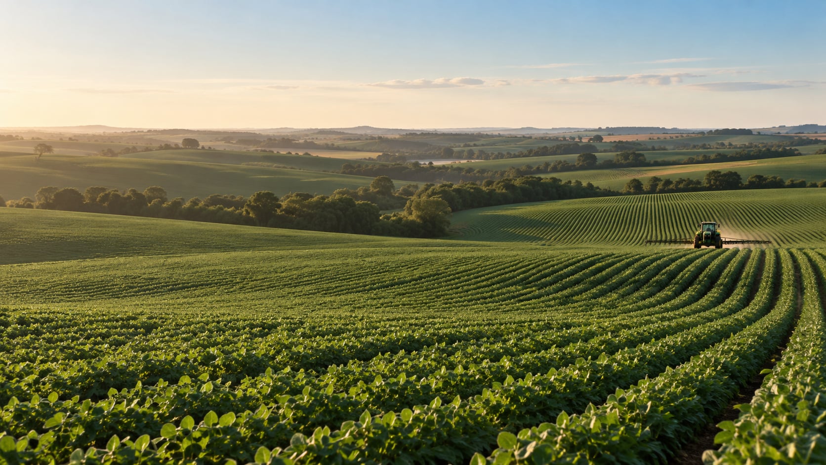 Paisagem agrícola ilustrativa, com linhas de cultivo e um trator ao longe.