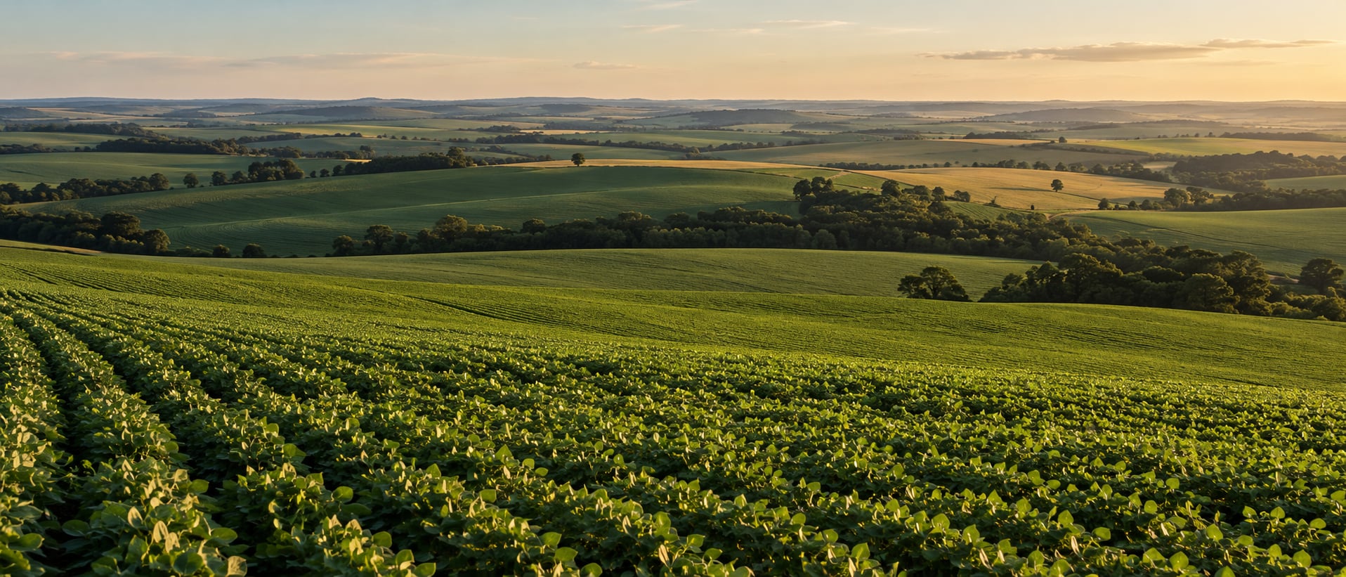 Paisagem agrícola ilustrativa ao fim da tarde.